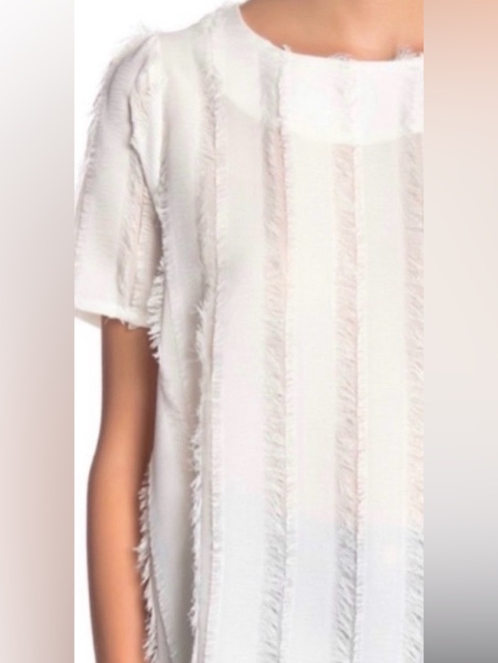 Everleigh Shadow Stripe Eyelash Fringe Blouse White Scoop Short Sleeve NWT-3X